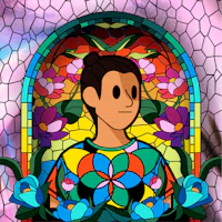 a stained glass window depicting a woman with flowers