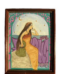 a drawing of a woman sitting on a rock