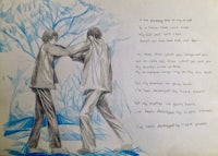 a drawing of two people walking in the woods