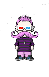 a cartoon character with a purple moustache and 3d glasses