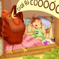 a girl is sleeping in bed with a chicken and a rooster