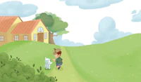a cartoon illustration of a boy and a cat walking down a path