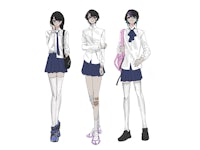 three girls in school uniforms standing next to each other