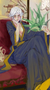 a drawing of a man sitting on a couch with a plant