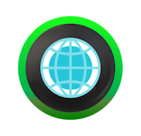 a green and blue globe icon on a black background