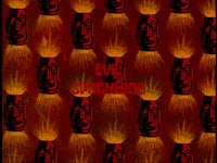 a red background with a group of tiki masks on it