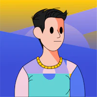 a cartoon of a man with a blue shirt and a yellow shirt