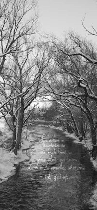 a black and white photo of a river in the snow
