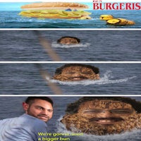 a picture of a man in the water with a burger in his mouth