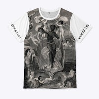 a black and white t - shirt with an image of a woman and angels