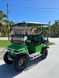 a green golf cart parked on the side of the road