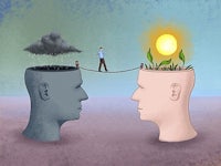 an illustration of a man standing on a rope with a plant in his head