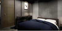 a 3d rendering of a bedroom with a bed and a desk