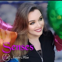 a woman holding balloons with the words senses