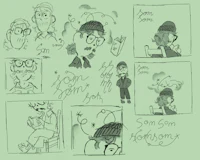 a series of drawings of a man in a hat and glasses