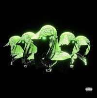 a group of people in green hats on a black background