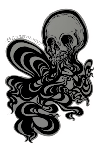a black and white sticker with a skull on it