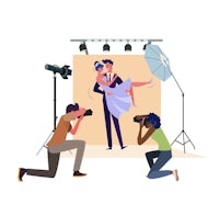 a man and woman are taking pictures of each other in front of a camera