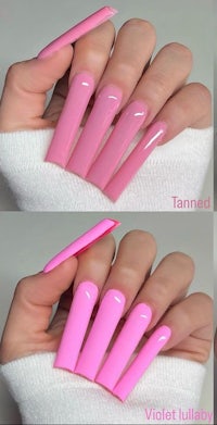 a woman's pink nails are shown in different pictures