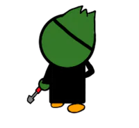 a green blob with a knife in its mouth