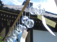 a group of glass balls hanging from a pole in front of a building