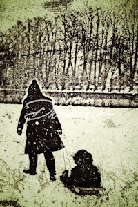 a man is pulling a child on a sled in the snow