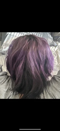 the back of a person's head with purple hair