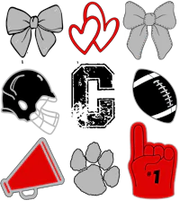 a variety of football, baseball, and cheerleading symbols
