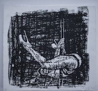 a black and white drawing of a person on a pole