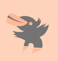 a black and gray bird with a long beak on a peach background