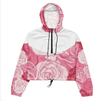 a pink and white hoodie with roses on it