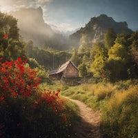 a wooden house in the mountains with red flowers