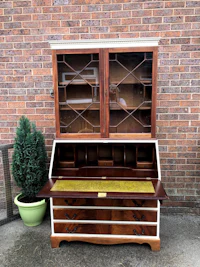 antique mahogany bureau with glass doors and drawers