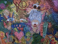 a painting of a woman with a colorful background