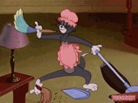 a cartoon cat is cleaning a room with a broom