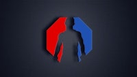 a blue and red logo on a dark background