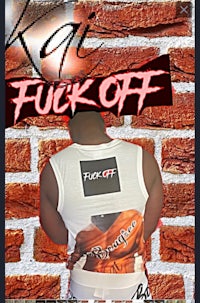 a man is standing in front of a brick wall with the words fuck off