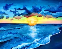 a painting of the sun setting over the ocean