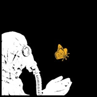 a man in a gas mask is holding a butterfly