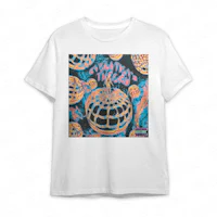 a white t - shirt with an orange and blue design