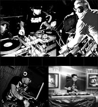a black and white photo of a group of djs