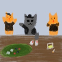 a drawing of a group of cats sitting at a table