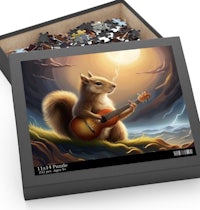 a squirrel playing a guitar in a puzzle box