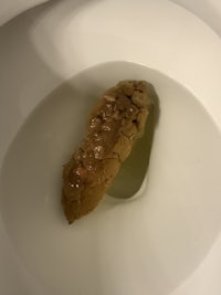 a piece of food is sitting in the bowl of a toilet
