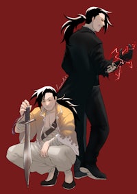 two anime characters standing next to each other holding swords