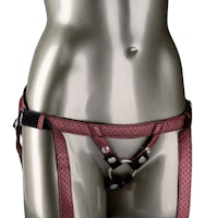 a mannequin wearing a red and black harness