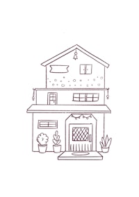 a drawing of a house with a potted plant