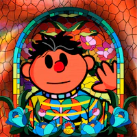 a cartoon character in a stained glass window