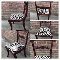 four pictures of zebra print upholstered chairs
