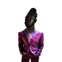 a man in a purple suit with a black mask